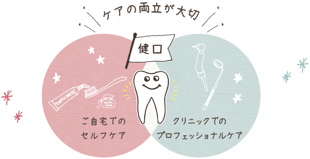 ご自宅とクリニックでの両方のケアの大切さを訴えている歯のイラスト